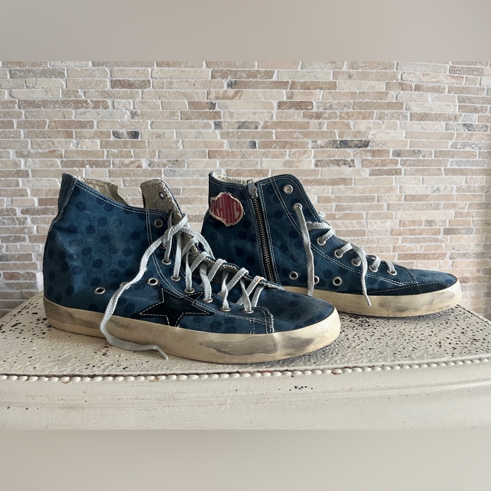 Golden Goose Francy polka dot canvas sneakers 41 blue trainers high tops 10 11